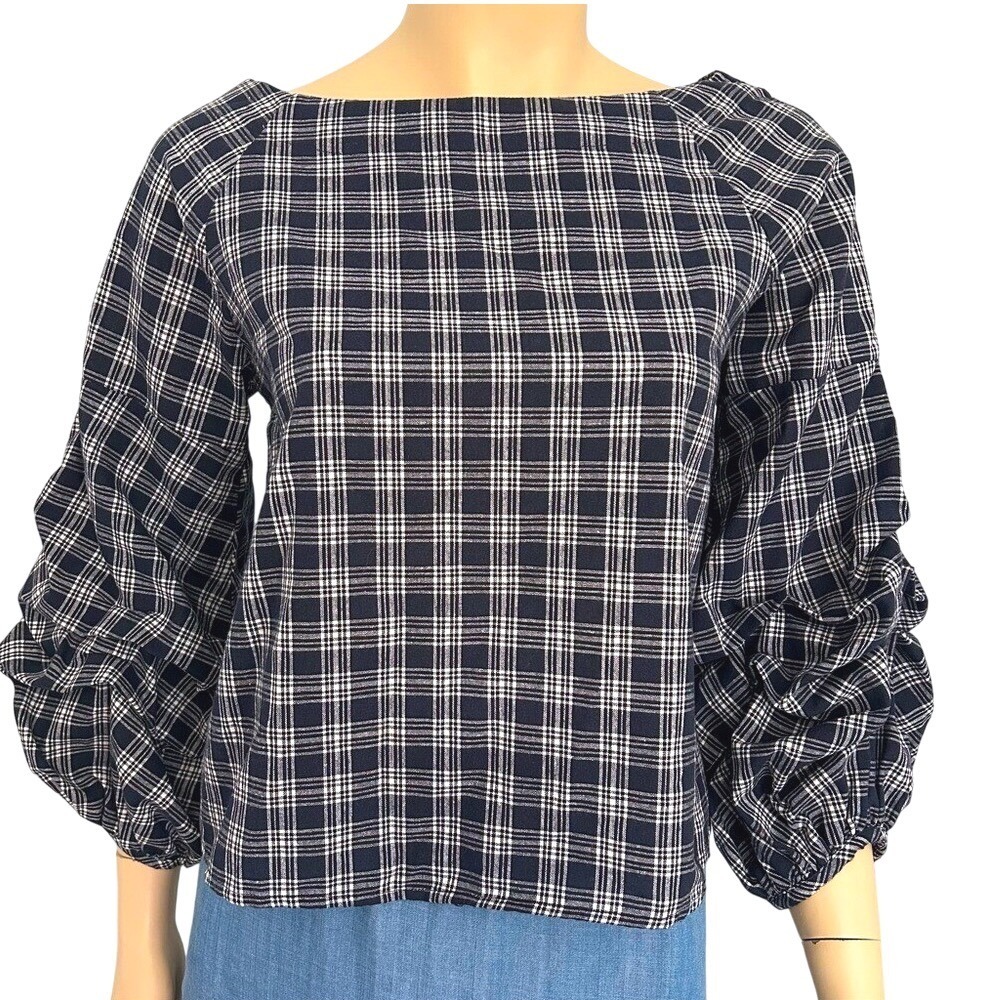 JOA Cotton cropped‎ puff sleeve navy white plaid top size small